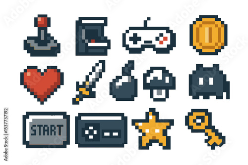 Retro 8-bit gaming icons featuring joystick, sword, heart, and bomb on pixel background