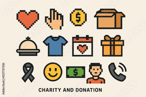 Charity and donation icons: heart, money, box, gift, ribbon, smile, shirt, calendar