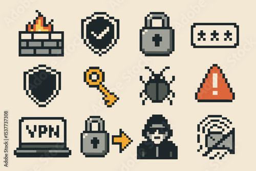 Retro pixel cybersecurity icons with lock, key, and firewall