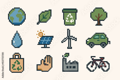 Pixel art ecology: recycling, solar, wind, conservation, sustainability symbols