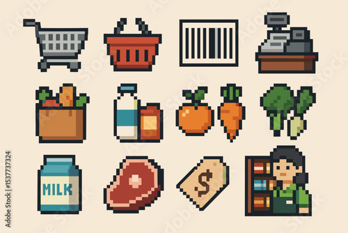 Retro pixel art of grocery shopping essentials and cashier character