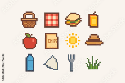 Pixel art picnic icons with basket, sandwich, and sun elements