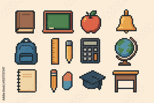 Pixel art school supplies: chalkboard, apple, backpack, calculator, globe