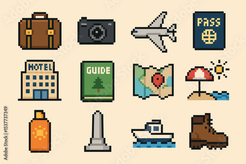 Pixel art: travel essentials with luggage, passport, camera, and map icons