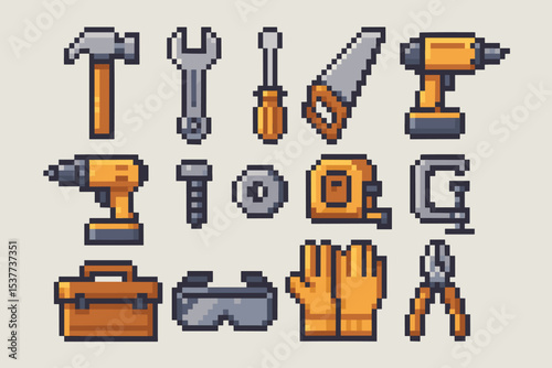 Pixel art tools: hammer, wrench, screwdriver, drill, gloves, and more icons