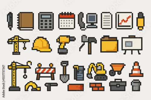 Pixel art construction tools set including crane, drill, hard hat, and more