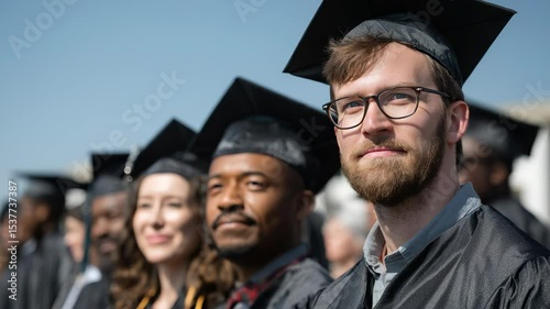 Row of diverse graduates wearing mortarboards, proudly looking towards their future during a vibrant graduation ceremony, celebrating their achievements and new opportunities ahead
