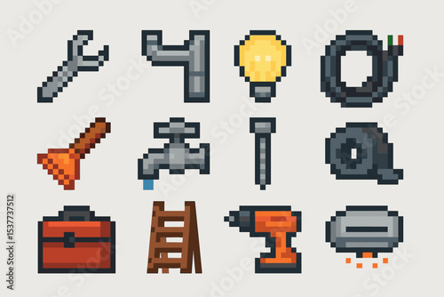 Pixel art tools collection: wrench, pipe, lightbulb, cable, plunger, faucet, nail, tape, toolbox, ladder, drill, saw