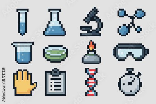 Pixel art lab equipment icons: beaker, microscope, dna, stopwatch, safety goggles, test tube