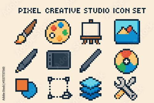 Pixel art creative studio icon set with art tools and design elements