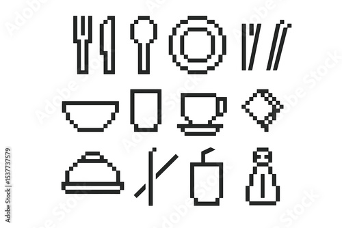 Pixel art tableware set: fork, knife, spoon, plate, chopsticks icons on gray background