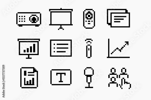 Pixel art business icons: projector, screen, remote, presentation, graphs, microphone, teamwork
