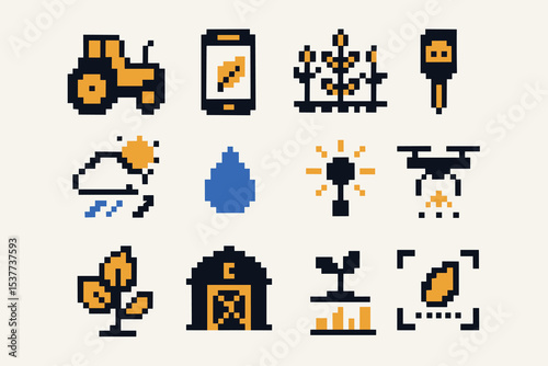 Pixel farm icons: tractor, smartphone, crop, weather, water, drone, plant, barn, analysis