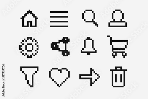 Set of 12 pixel art icons: home, list, search, profile, gear, network, bell, cart, filter, heart, arrow, trash