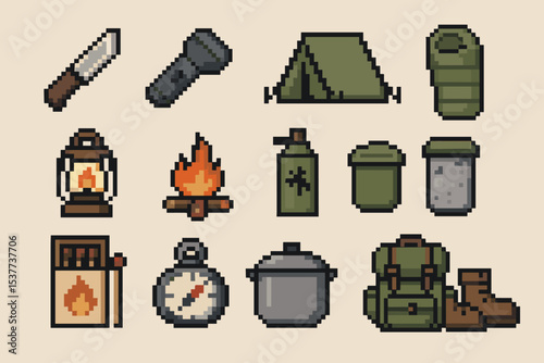 Pixel art camping gear: knife, tent, backpack, lantern, campfire, flashlight, sleeping bag, boots