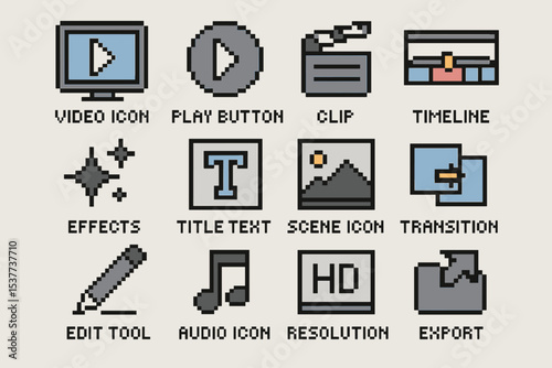 Pixel art style video editing icons including play button and transition tools