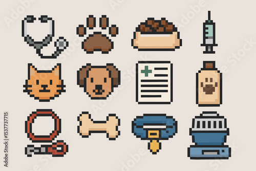 Pixel art veterinary icons: pets, medication, and equipment set