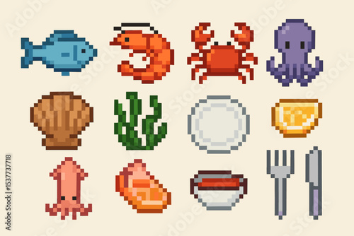 Pixel art seafood collection with plate, fork, and knife