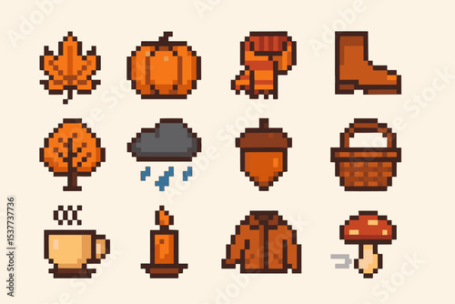 Pixel art autumn icons: leaves, pumpkin, fox, boot, tree, cloud, acorn, basket, coffee, candle, jacket, mushroom