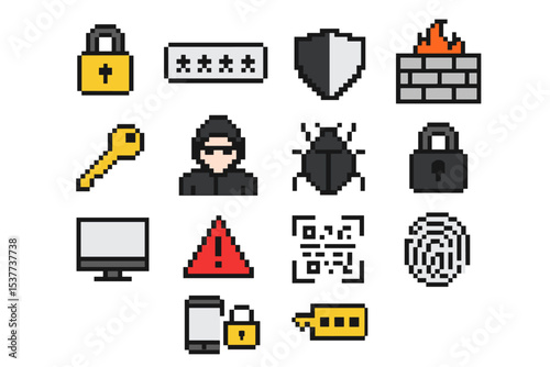 Pixel art cybersecurity icons: locks, firewalls, hacker, bug, qr code, fingerprint