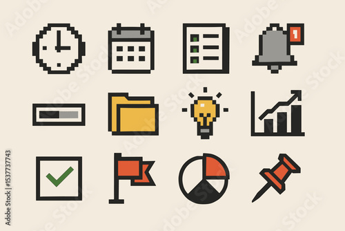 Pixel art icons: calendar, clock, checklist, notification, folder, lightbulb, graph, pie chart