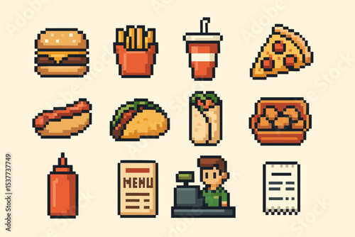 Pixel art fast food icons including burger, fries, pizza, and soda