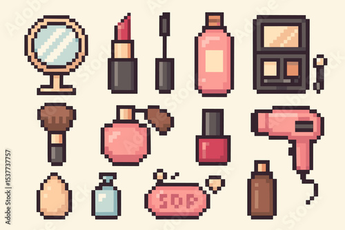 Pixel art cosmetics set with makeup, perfume, and skincare essentials