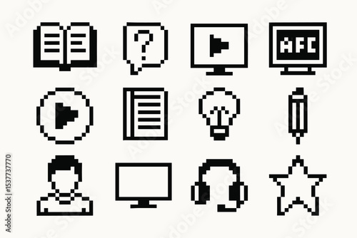 Pixel art icons: book, speech bubble, monitor, play button, light bulb, headphones