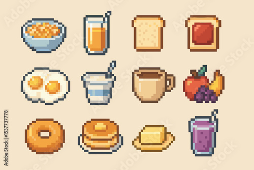 Pixel art breakfast collection with food and beverage icons on light background
