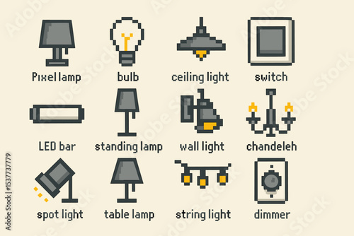 Pixel art lighting icons: lamps, bulbs, switches, and more