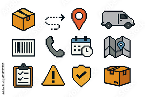 Pixel art delivery icons: boxes, maps, vans, barcodes, calendars