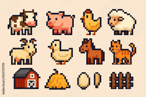 Pixel art farm animals and objects: cow, pig, chicken, sheep, goat, duck, horse, cat, barn, haystack, egg, feather, fence