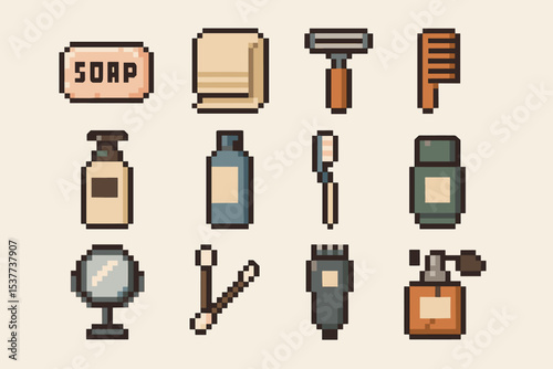 Retro pixel art bathroom essentials: soap, towels, razor, comb, and more