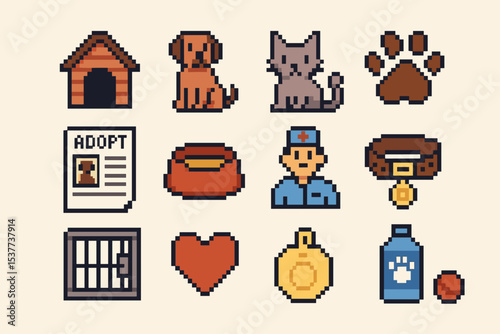Pixel art pet care icons: dog, cat, vet, adoption flyer, collar, paw