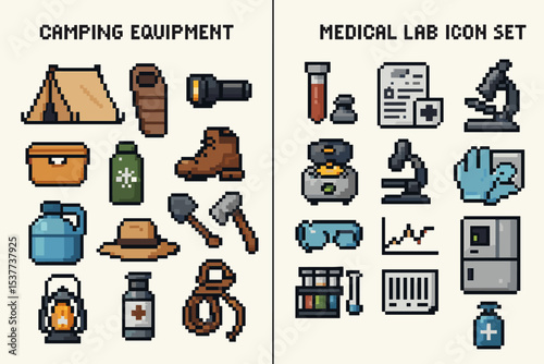Pixel art icons of camping equipment and medical lab tools