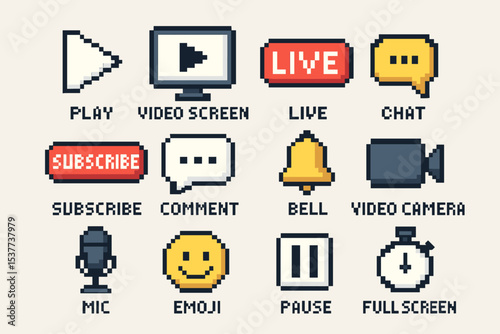 Pixel art video streaming icons: play, live, chat, subscribe, comment, mic, emoji, pause