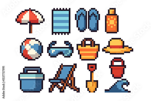 Pixel art beach icons: summer essentials and beach accessories