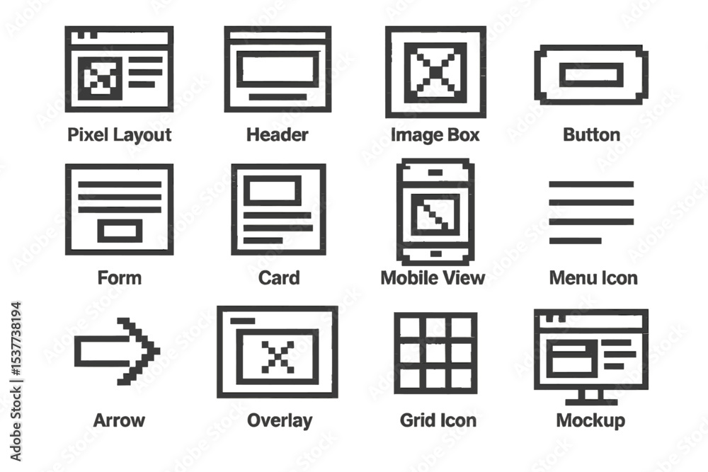 Pixel art icons for web design: layout, header, forms, and buttons in monochrome Pixel art icons for web design: layout, header, forms, and buttons in monochrome