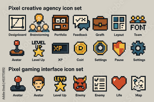 Pixel art icons: creative agency and gaming interface set