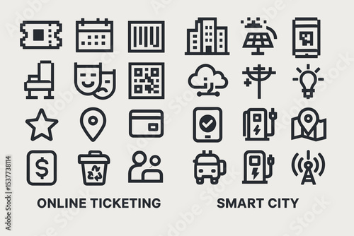 Smart city and online ticketing icons representing technology and innovation