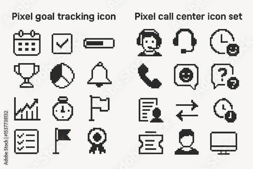 Pixel icon set for goal tracking and call center management