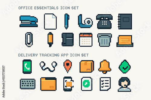 Pixel art office and delivery tracking icons set in retro style