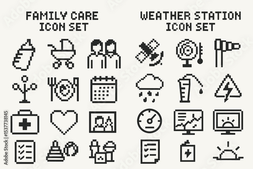 Pixel art icon set: family care and weather station themes in retro style