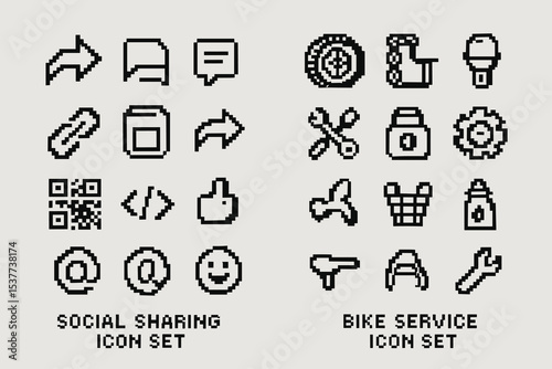 Pixel art style social sharing and bike service icon set