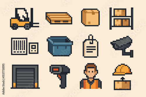 Pixel art warehouse icons: forklift, pallet, boxes, barcode, security