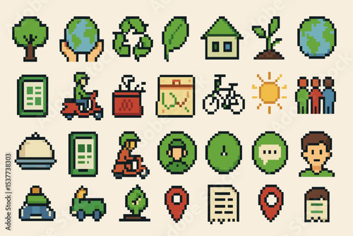 Pixel art eco icons: environmental, conservation, sustainability, green living, nature