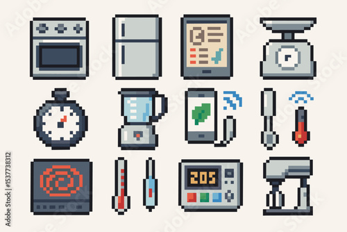Pixel art kitchen appliances: blender, oven, refrigerator, scale, stopwatch, thermometer