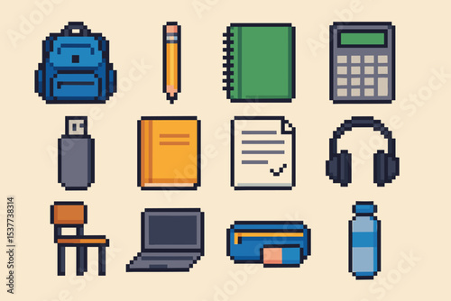 Pixel art school supplies: backpack, laptop, notebook, headphones, pencil, usb, calculator