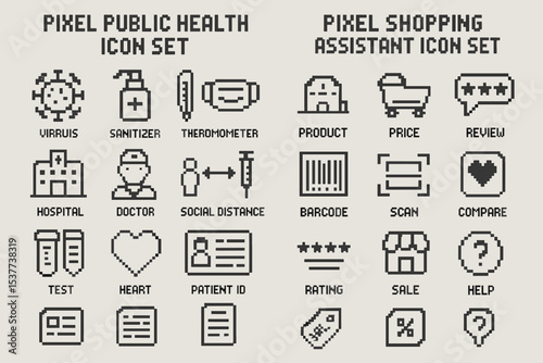 Pixel icon sets for public health and shopping assistance visuals