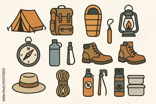 Camping essentials icons: tent, backpack, sleeping bag, boots, lantern, compass, rope, hat